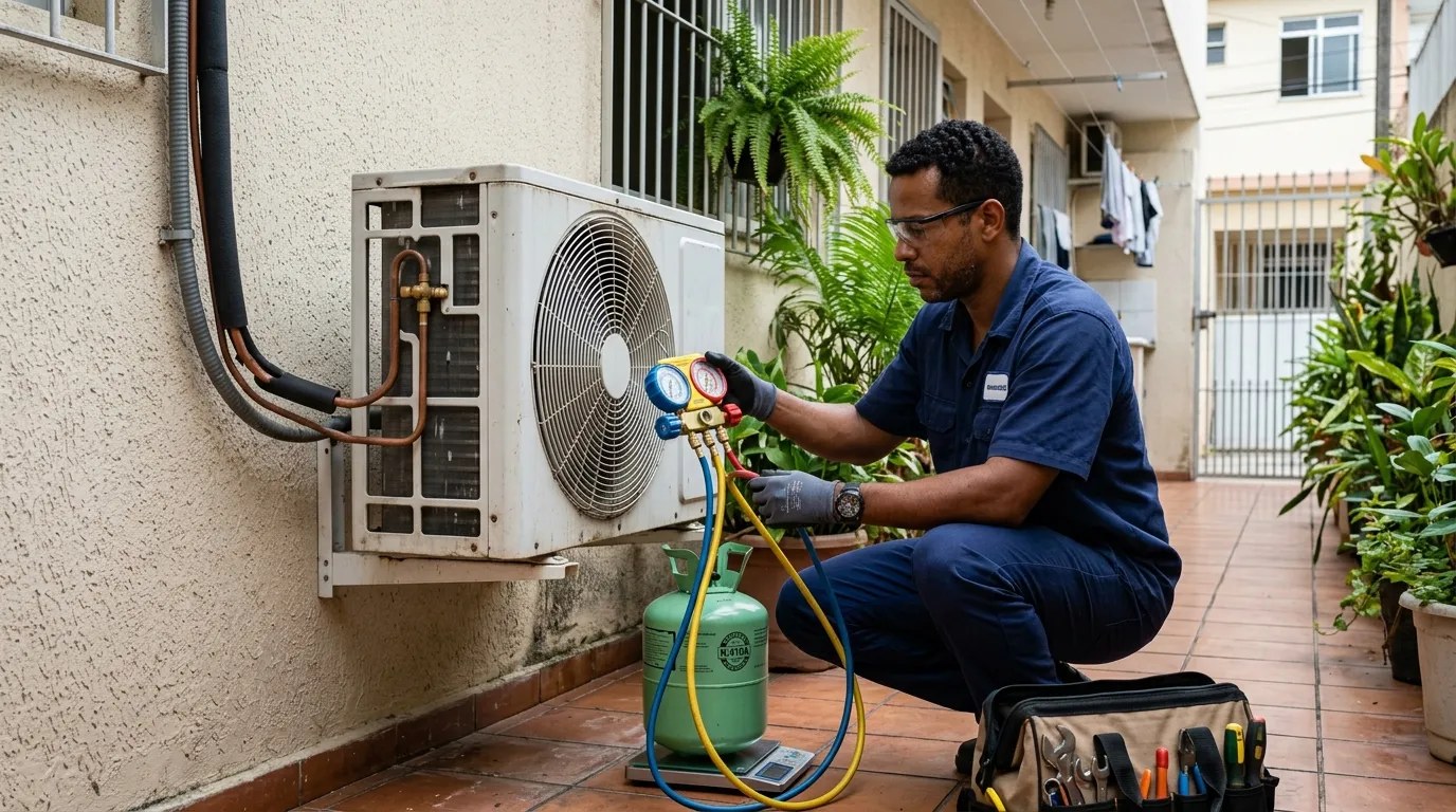 Técnico fazendo carga de gás na condensadora do ar-condicionado em Indaiatuba‑SP