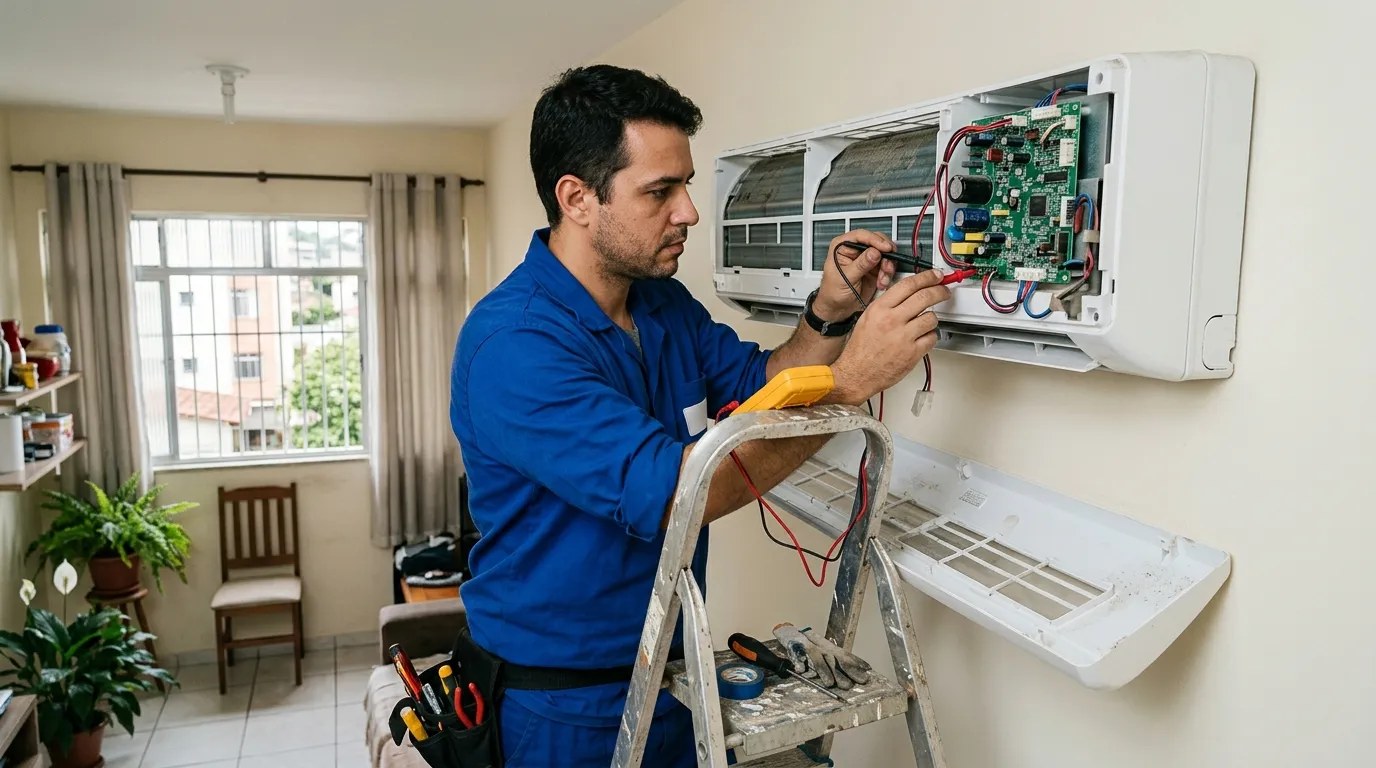Técnico trocando a placa eletrônica de ar-condicionado split em Indaiatuba‑SP