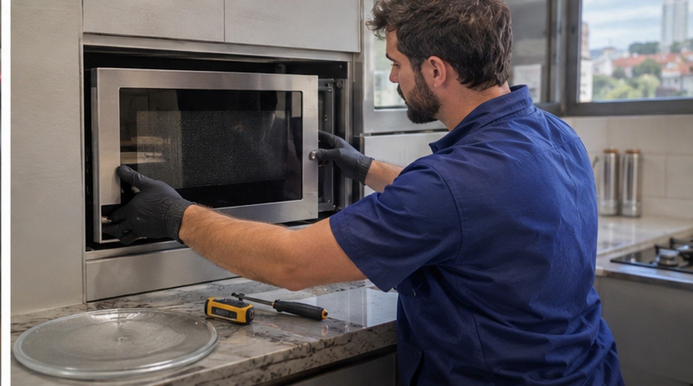 Conserto de micro-ondas de embutir em Indaiatuba‑SP: técnico encaixando o aparelho no armário