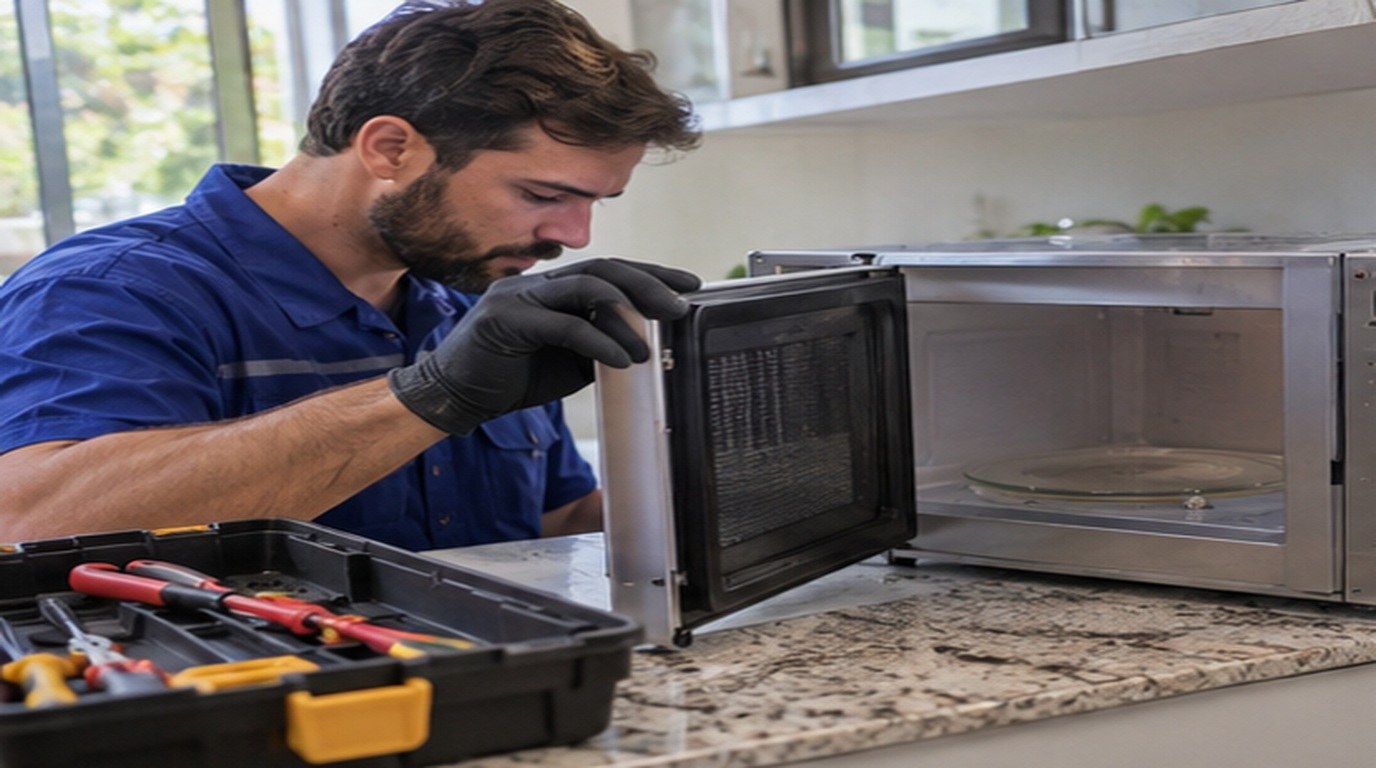 Conserto de micro-ondas em Indaiatuba‑SP: técnico abrindo um micro-ondas de bancada