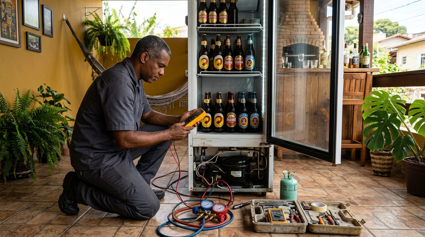 Placa eletrônica de cervejeira em reparo na bancada no Vale do Sol, Indaiatuba‑SP