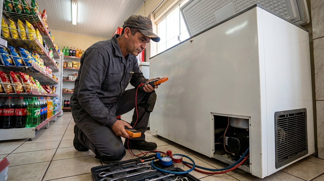 Reparo da placa eletrônica de um freezer em atendimento no Jardim Maringá, Indaiatuba‑SP