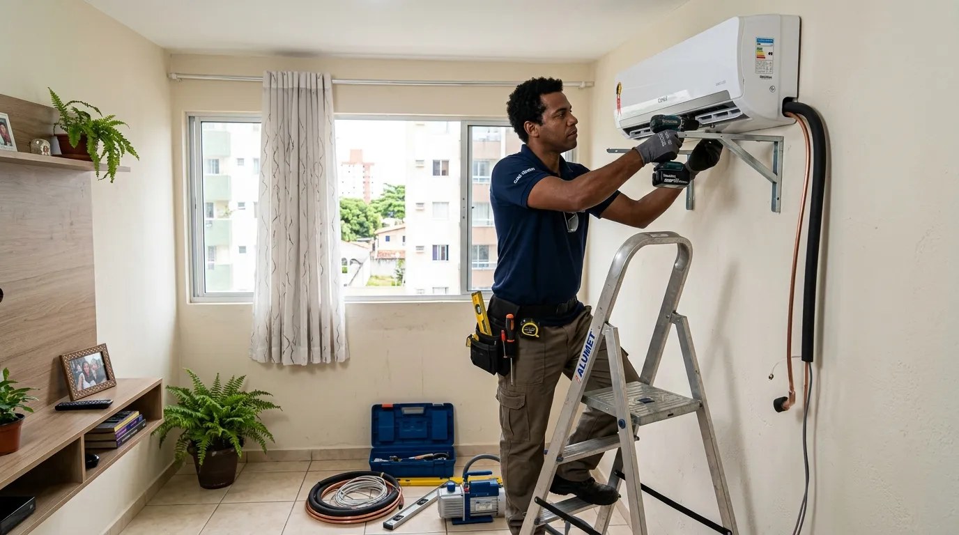 Técnico instalando ar-condicionado split em residência em Indaiatuba‑SP
