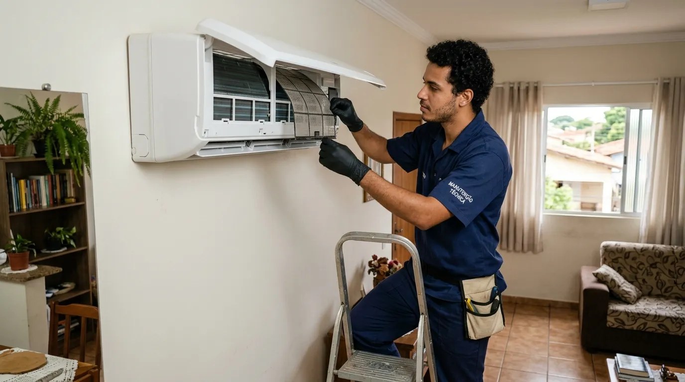Técnico fazendo limpeza e higienização de ar-condicionado split em Indaiatuba‑SP