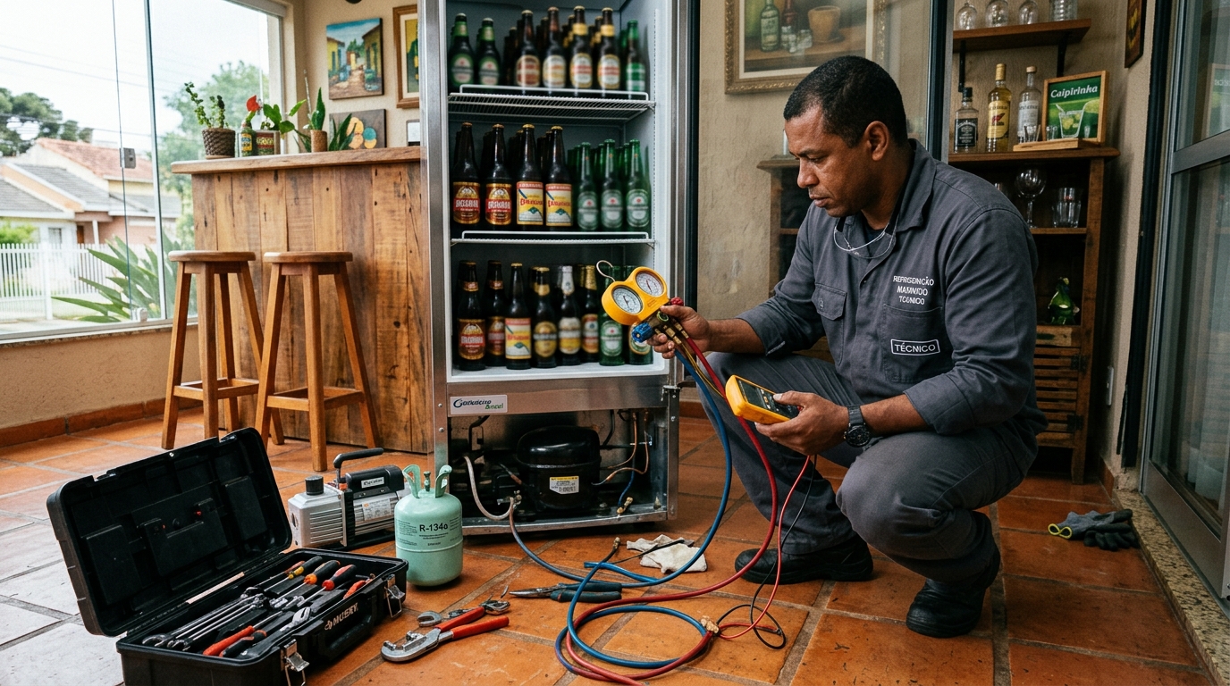 Técnico revisando o motor de uma cervejeira durante chamado no Vale do Sol, Indaiatuba‑SP