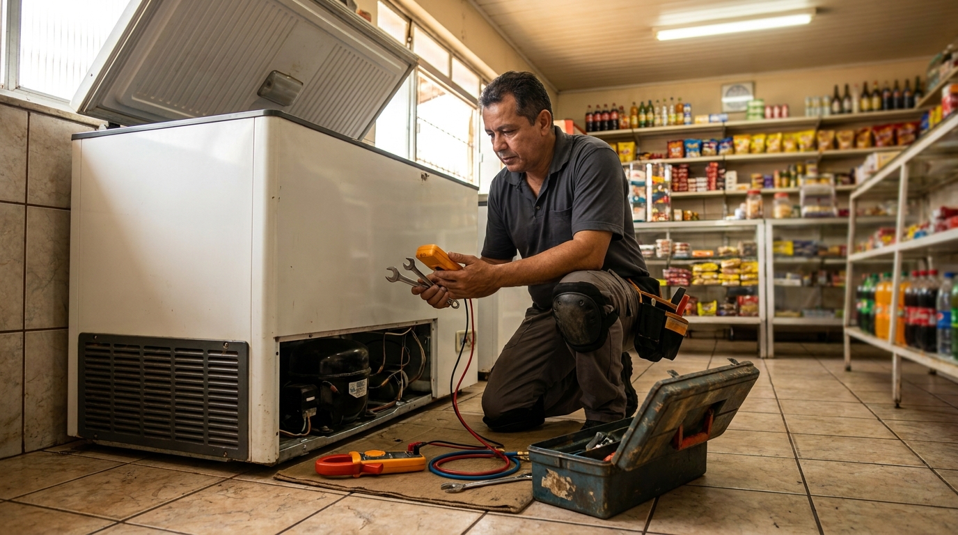 Técnico reparando o motor de um freezer horizontal no Jardim Maringá, Indaiatuba‑SP