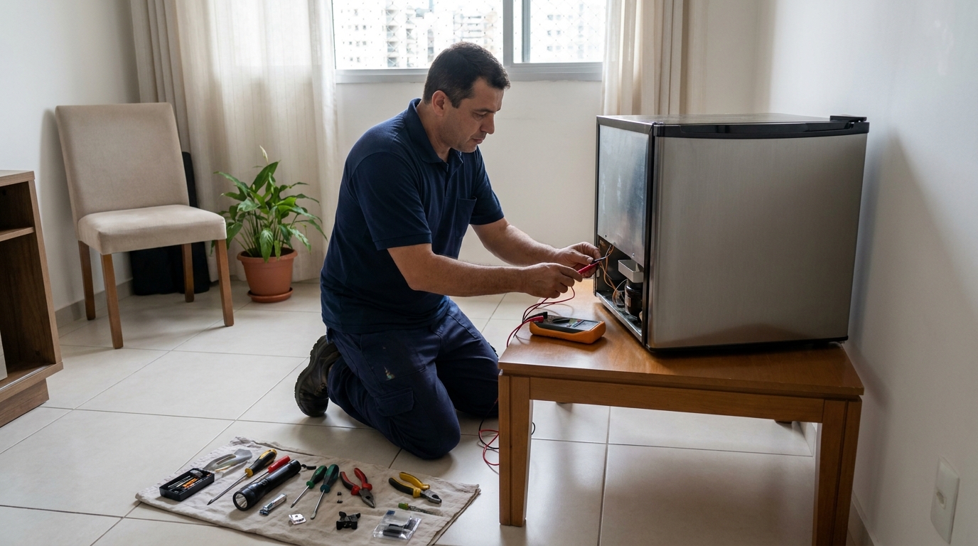 Técnico revisando o motor de um frigobar na Cidade Nova I, Indaiatuba‑SP