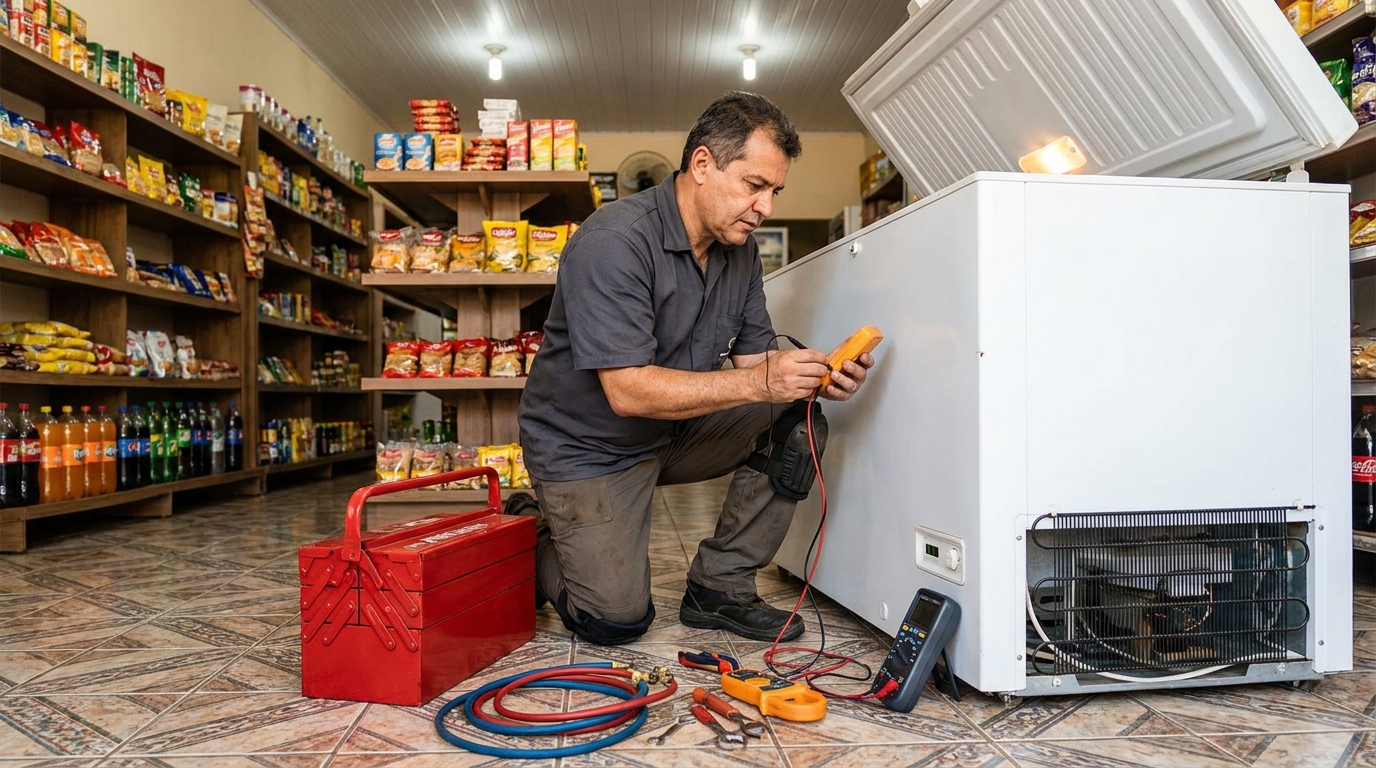 Manômetro conectado ao circuito durante recarga de gás de freezer no Jardim Maringá, Indaiatuba‑SP