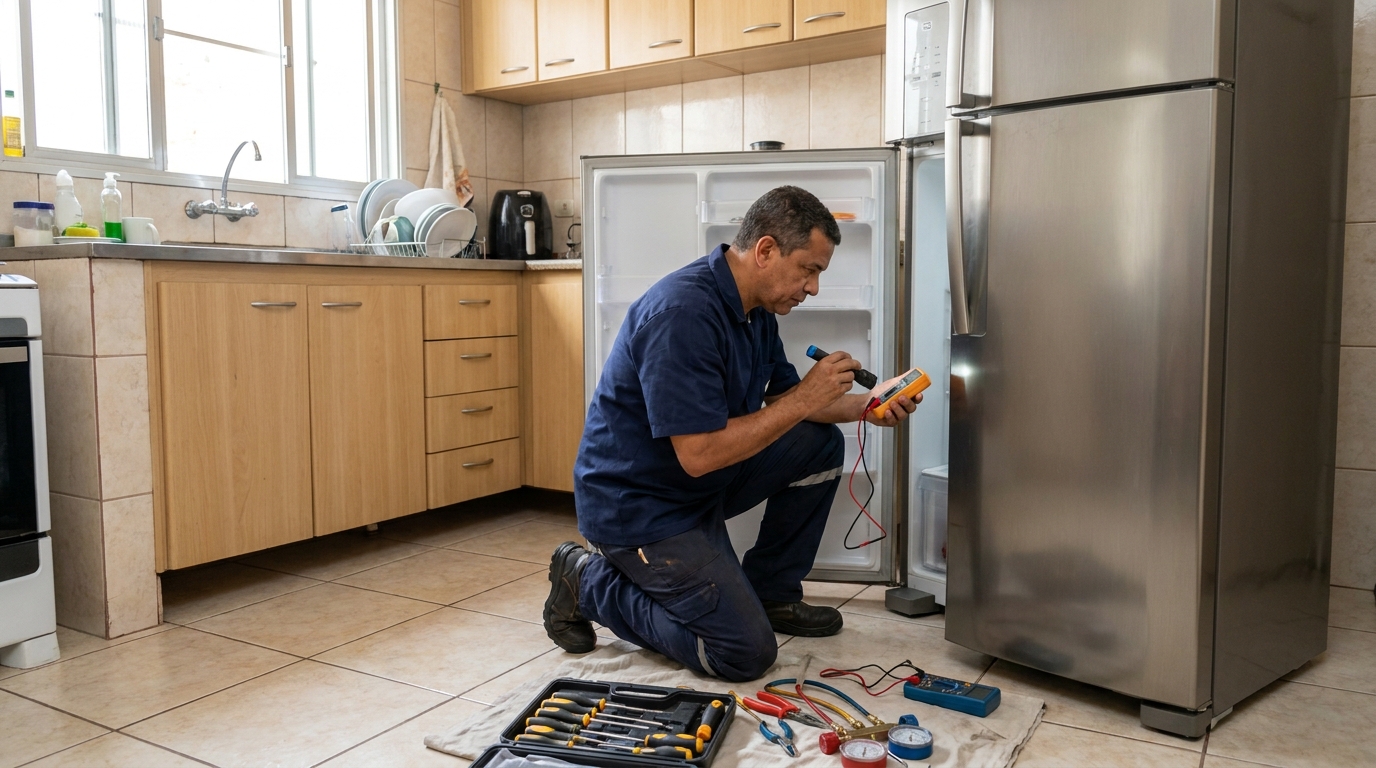 Técnico fazendo recarga de gás em geladeira de cliente na Cidade Nova, Indaiatuba‑SP
