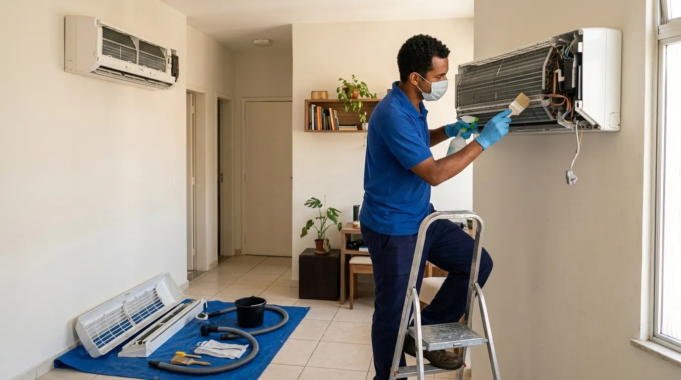 Técnico fazendo manutenção de ar-condicionado split em Indaiatuba‑SP